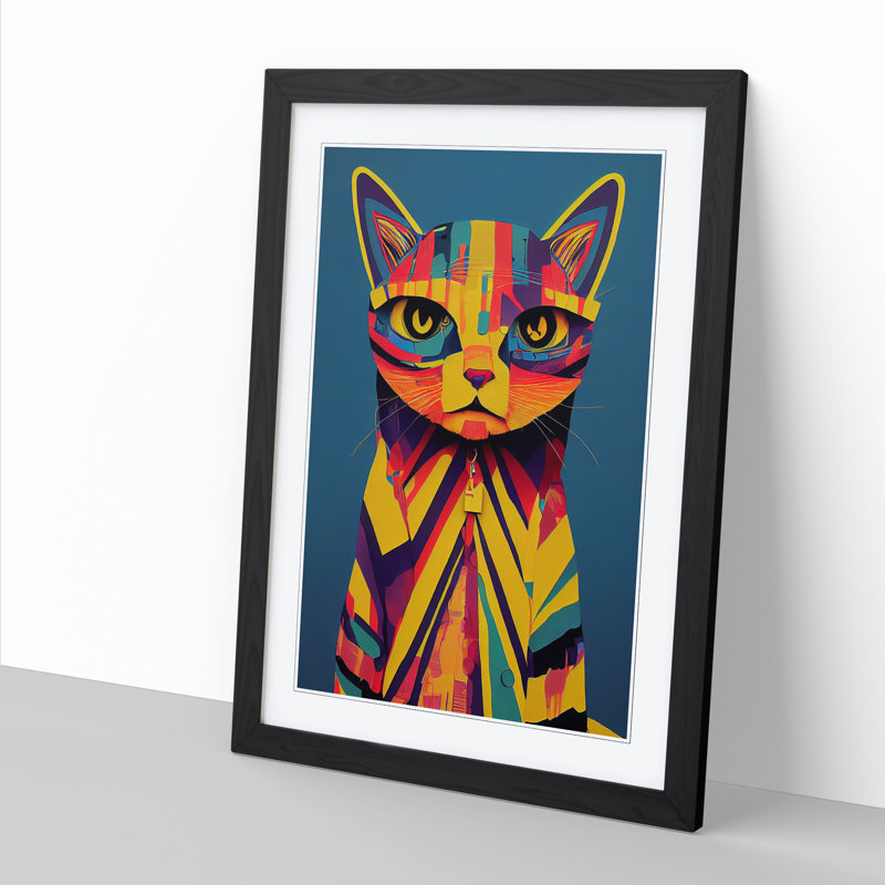 Colourful Abstract Cat Vol.1 - Single Picture Frame Print, 34cm H x 25cm W x 2cm D, Walnut Framed