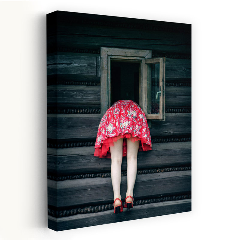 «Red Dress Curiosity Rustic Vintage Whimsical Architecture», art mural, 24" H x 16" W