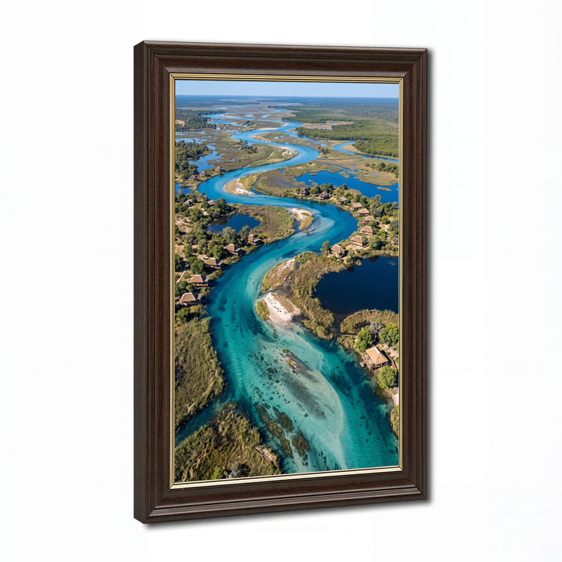 «Winding Blue River Through Green Wetlands And Cabins», art mural sur toile, H 18 po x l 12 po