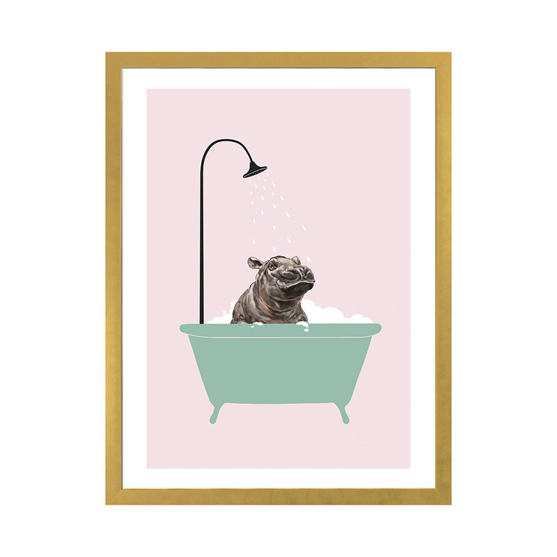 Hippopotame dans une baignoire, art encadré, H 32 po x l 24 po x P 1 po, Papier encadré doré