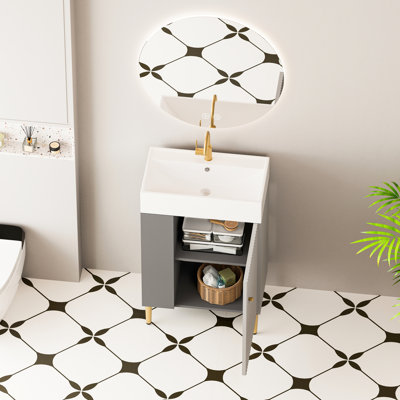 Meuble-lavabo contemporain de 21,6 po de couleur grise avec porte à fermeture en douceur, détails en cuivre brossé, armoires latérales ouvertes, lavabo à teinture longue durée et ensemble de lavabos en céramique, lignes épurées, armoire, gauche