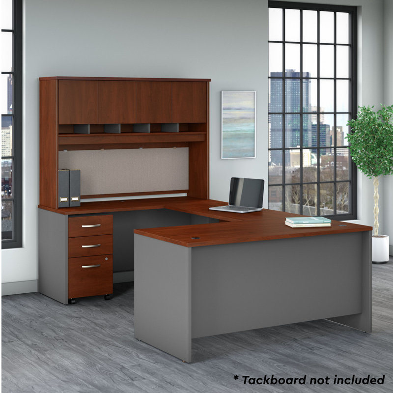 Series C 60W U Shaped Desk with Hutch and Mobile File Cabinet, Hansen Cherry/Graphite Gray