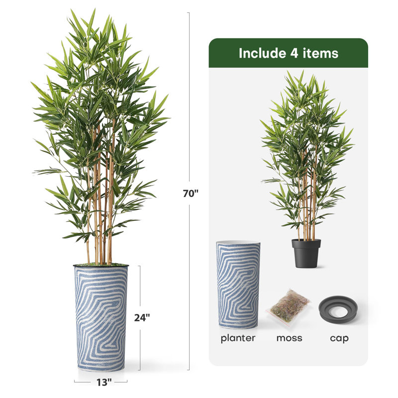 Artificial Tree in Contemporary Geometric Pattern Planter Fake Bamboo Silk Tree Plant Pot Plus Tree, Swirl Blue