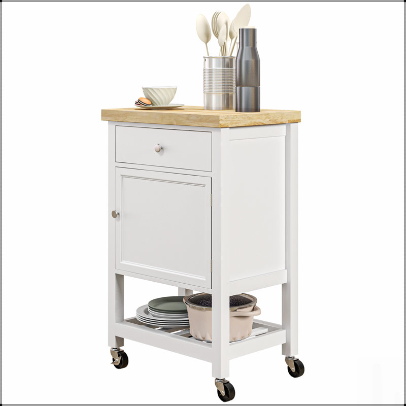 Chariot de cuisine utilitaire, îlot roulant avec plateau en bois d'hévéa lisse, surface de bloc de boucher étroite et options de rangement spacieuses