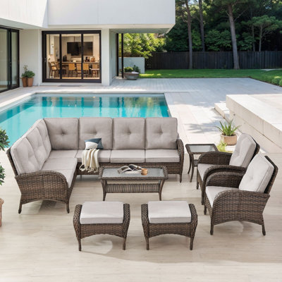 Valierius L-Shaped Outdoor Sectional Sofa Set With Patio Chairs, Ottomans & Coffee Table