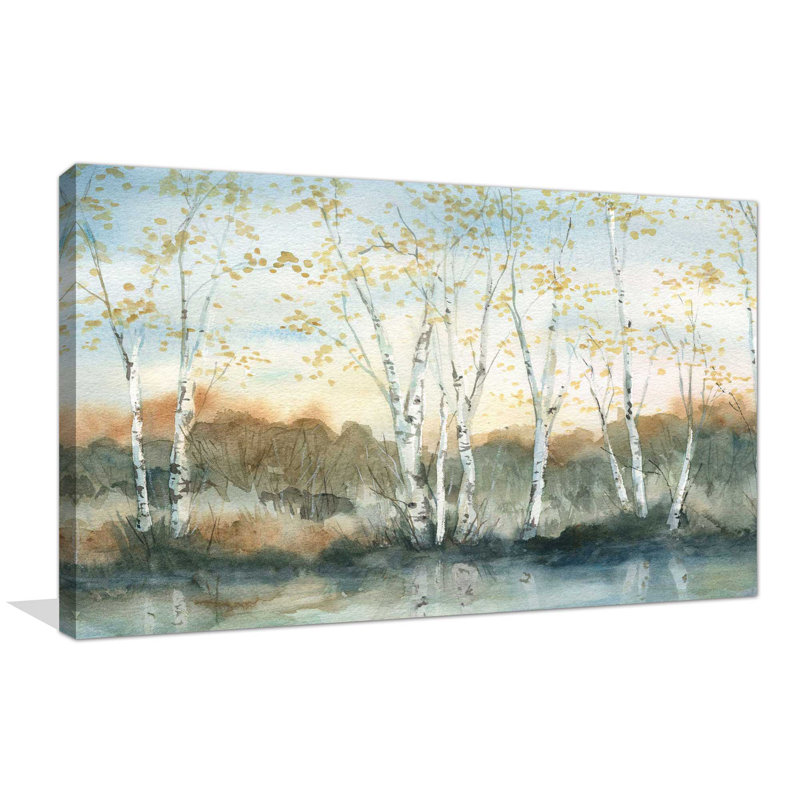 Birch Riverbank - Peinture, L 30 po x H 18 po, Toile tendue