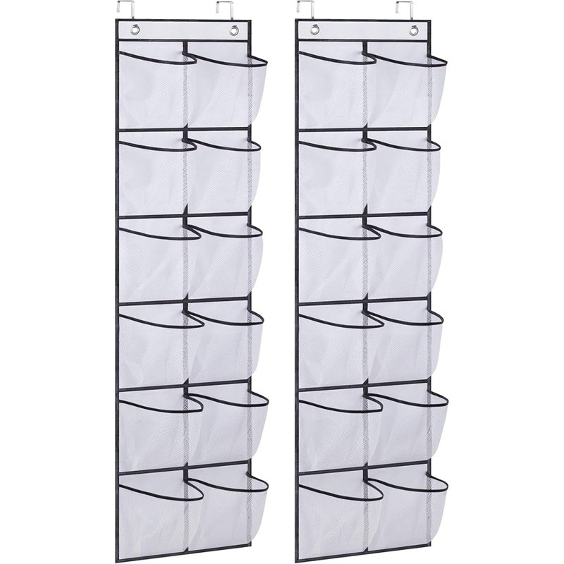 Over The Door Shoe Organizer 12 Large Mesh Pockets Hanging Narrow Closet Door, White, 2 Pack