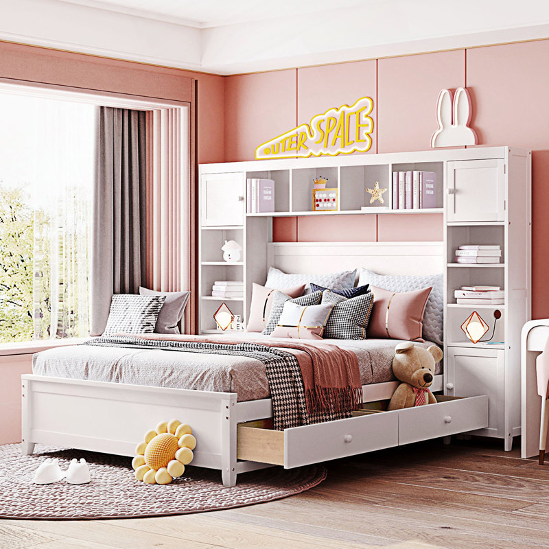 Lit double avec armoire et tablette tout-en-un, Blanc