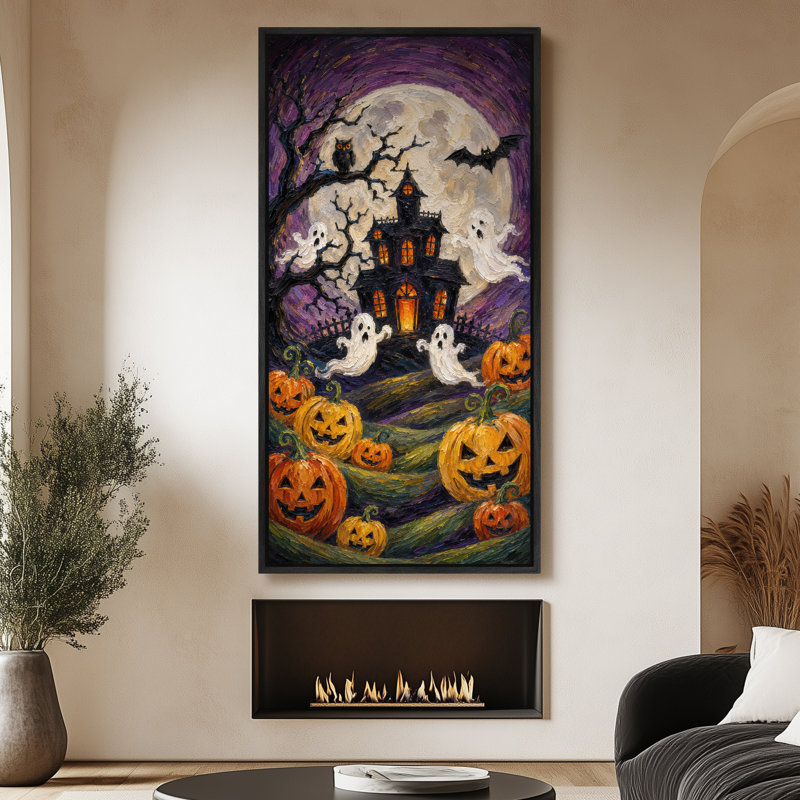 Tableau d'Halloween sur le thème d'une maison hantée, imprimé giclé sur toile encadré, pour le salon., Noir