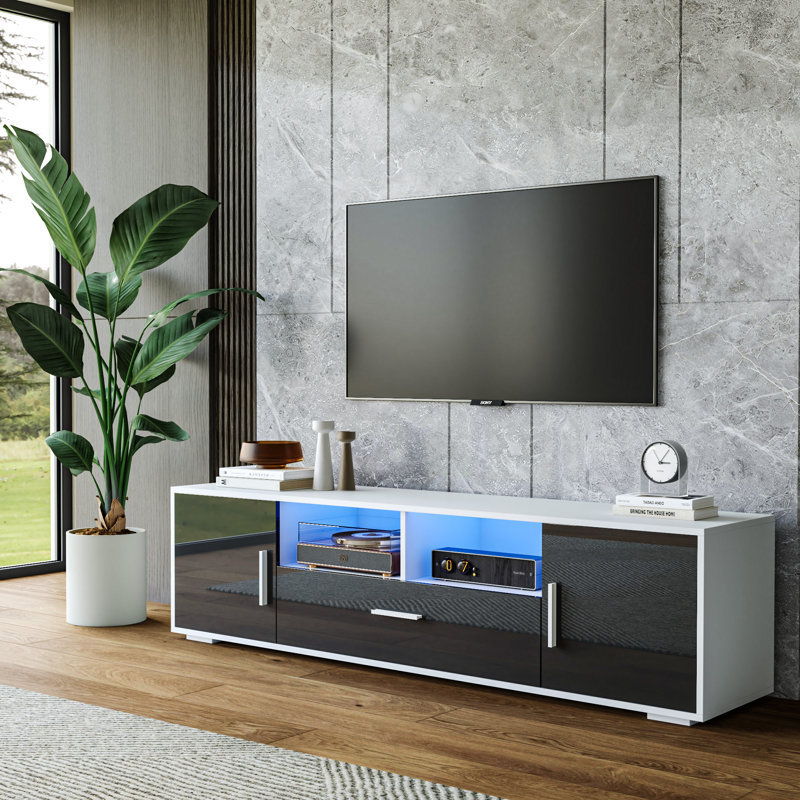 63" Modern High Gloss Led Octaviano With Sliding Door & Open Storage For Media Devices, Gray