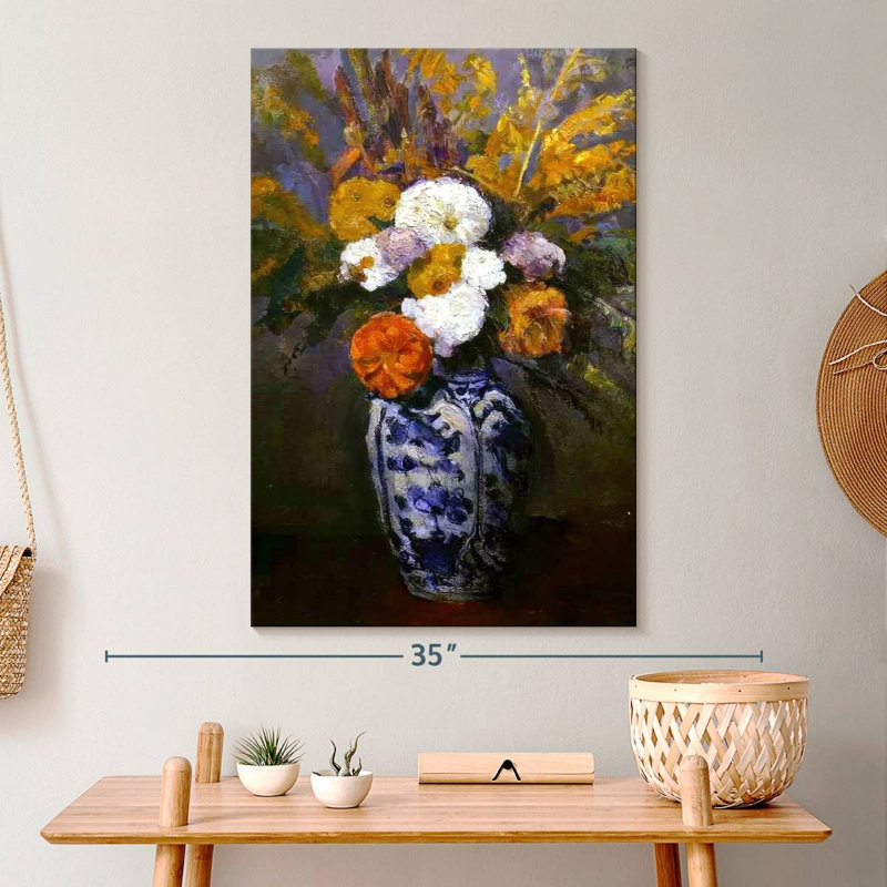 Dahlias dans un vase de Delft, H 30 po x l 20 po