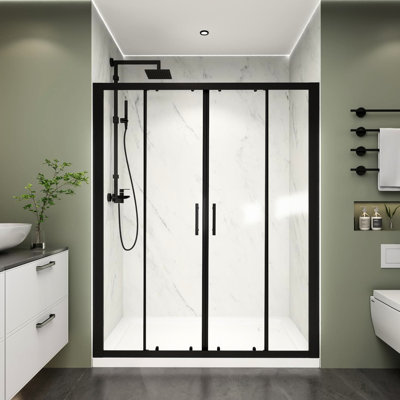 Porte de douche coulissante à double cadre 60 po x l 72 po H noir mat, verre trempé de 1/4 po, entrée large, structure et finition de protection, imperméable et sécuritaire