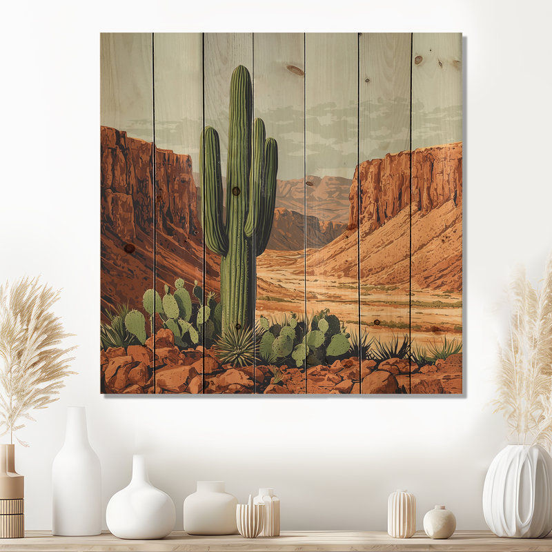 Cactus And The Canyon In Arizona II - Floral Cactus Wood Print - On Natural Pine Wood, 30" H x 30" W x 0.78" D