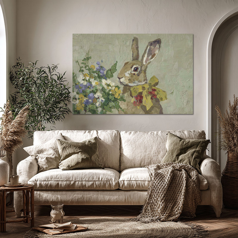 Art mural sur toile grande taille Meadow Bunny - Décoration de salon, de chambre à coucher ou de bureau, L 48 po x H 32 po