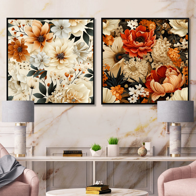 Acanthe - ensemble de 2 reproductions d'art sur toile florales, Cadre noir, H 30 po x l 61 po x P 1 po