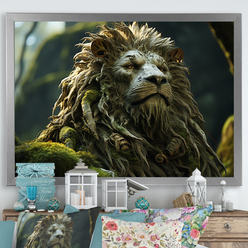 «Enchanted Lion Wilderness Fantasy» sur toile, H 12 po x l 20 po x P 1 po, Cadre simple argenté