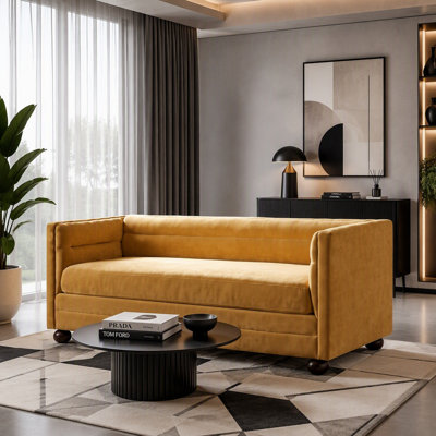 Canapé moderne 77,2 po à 3 places, canapé rembourré en chenille avec accoudoirs carrés, dossier à dos de chameau, siège à coussin simple et pieds en bois d'hévéa