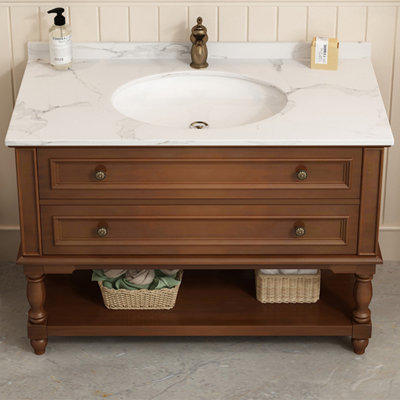 Meuble-lavabo en bois d'hévéa de style américain avec comptoir en marbre pour salle de bain American Country