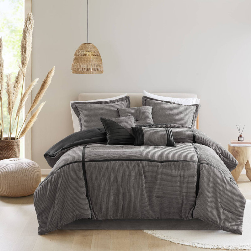 Ensemble d'édredon en velours côtelé 7 pièces Dallas, Édredon grand + 6 pièces supplémentaires, Gris