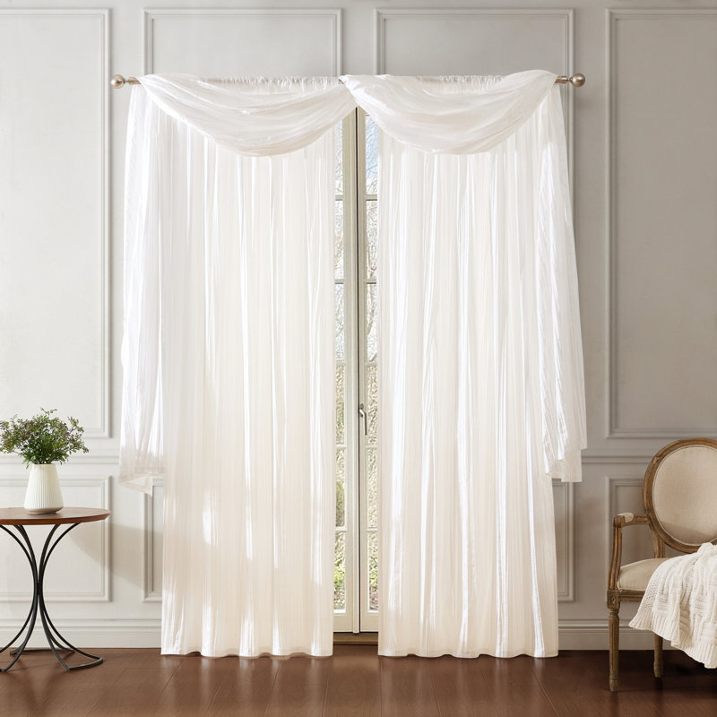 Danielly Solid Semi-Sheer Faux Crushed Silk Window Curtain and Scarf Set, 52" x 108", White