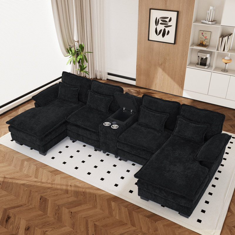 Canapé modulaire surdimensionné en U 133 po en chenille avec porte-gobelets avec console de rangement et USB 133 po