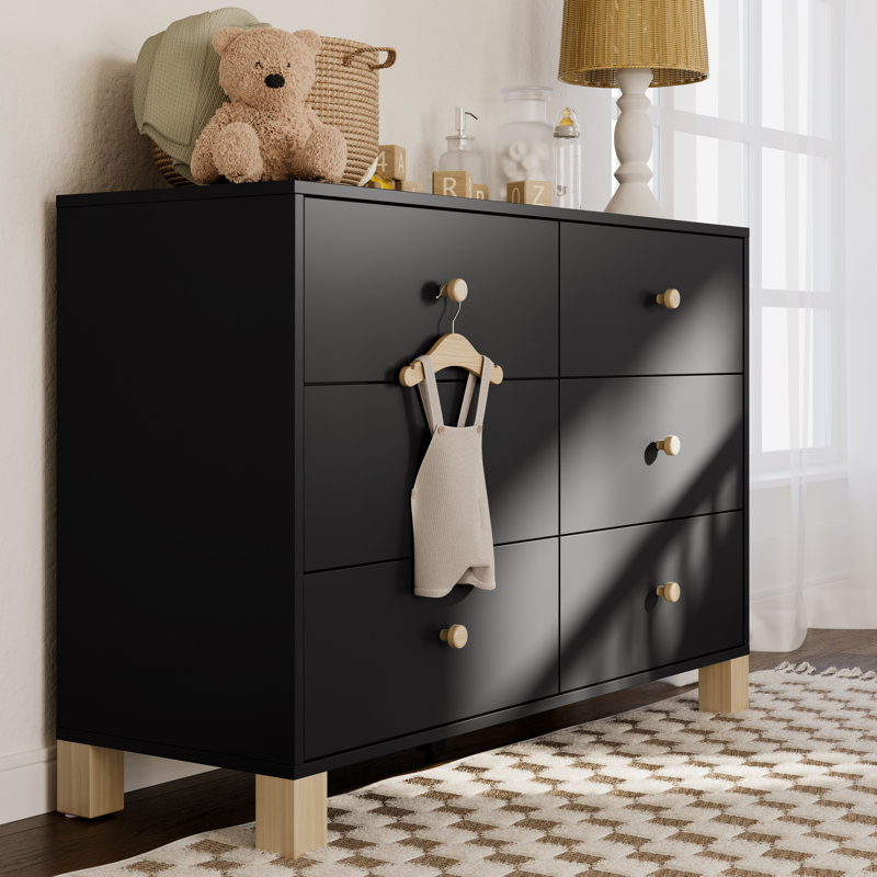 Commode 6 tiroirs California, Noir / bois flottant