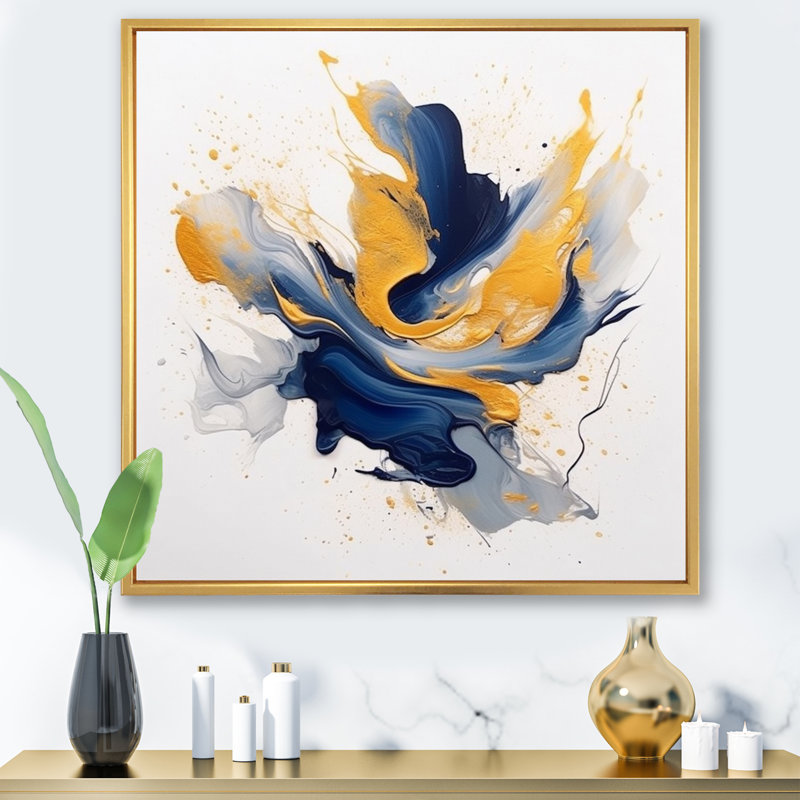 «Dark Blue and Gold Strokes X», reproduction sur toile encadrée, Cadre flottant doré, H 30 po x l 30 po x P 1 po