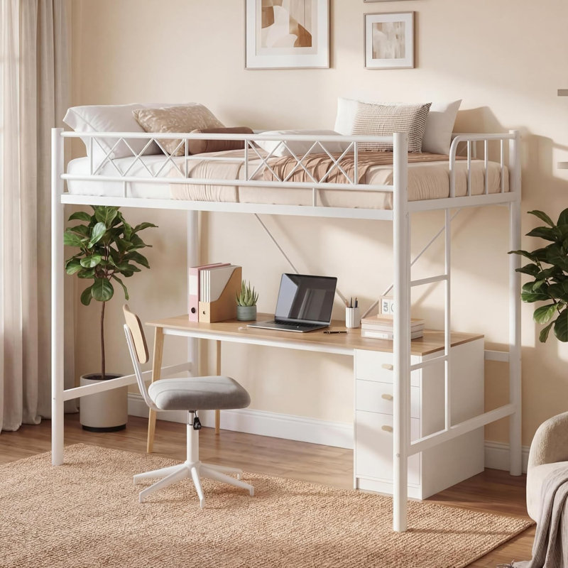 Structure de lit simple mezzanine - Lit mezzanine simple en métal robuste avec barrière de sécurité et échelle, plateforme peu encombrante (aucun sommier nécessaire), blanc moderne pour chambre de dortoir pour adolescents