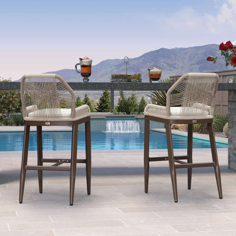2-Piece Outdoor Bar Stools - Woven Rattan Seats & Aluminum Frames With Backrests, Coffee