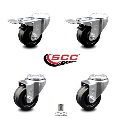 4 Piece Phenolic Swivel Bolt Hole Caster Set with 2 Total Lock Brake