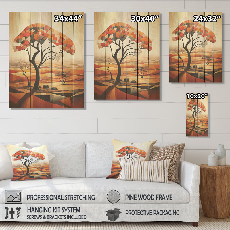 Cubist African Tree Landscape III - Arbre africain sur bois, H 44 po x l 34 po
