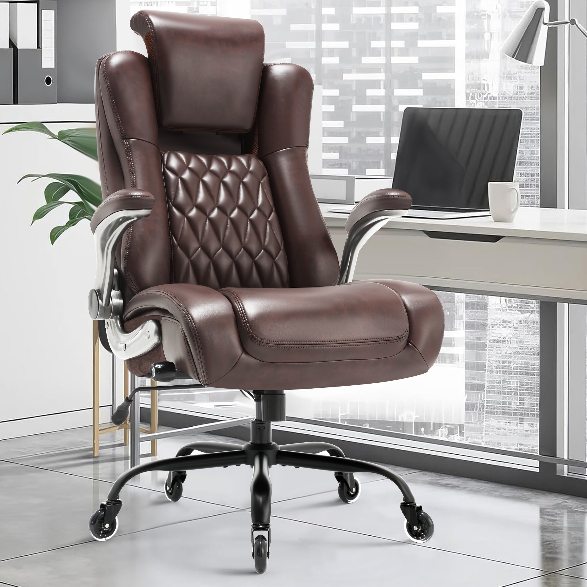 Inbox Zero Deasja High Back Leather Office Chair with Lifting Headrest