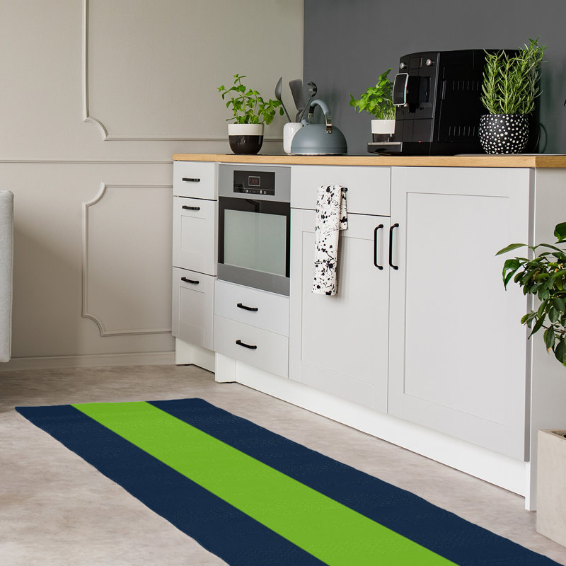Tapis bleu/vert rayé, Tapis de couloir 2 pi 6 po x 8 pi