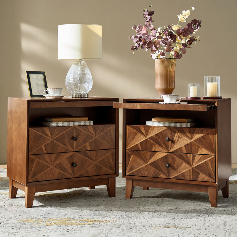 Casio Mid-Century Modern 28‘’W 2-Drawer End Table with Charging Station and Open Shelf  (Set of 2), Brown