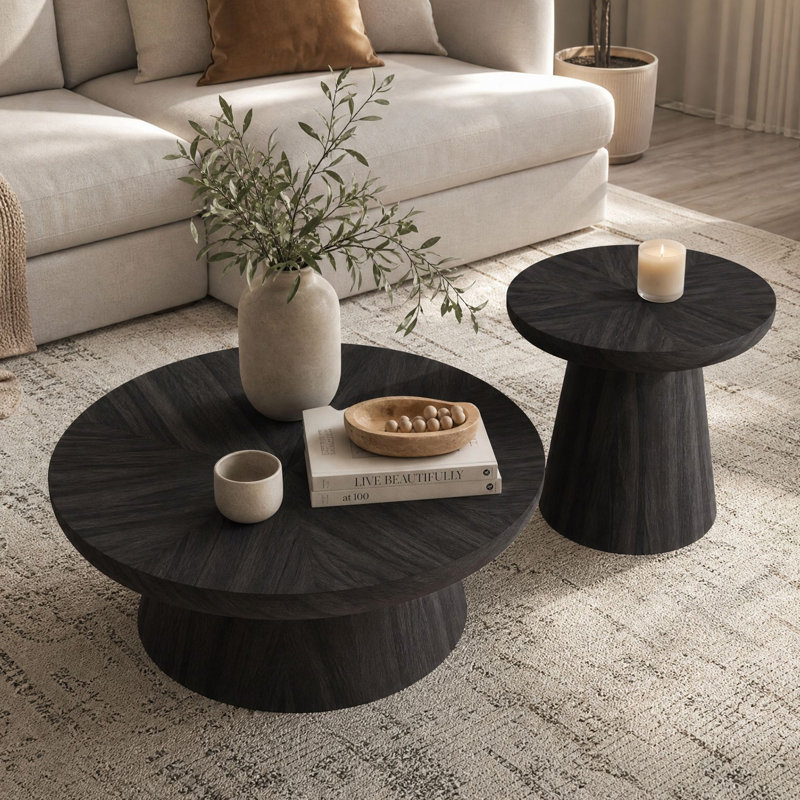 Ensemble de 2 tables basses rondes en bois noir, ensemble de tables basses gigognes en bois massif pour le salon, Noir