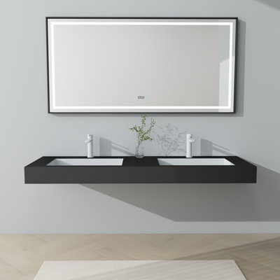 59'' Rectangular Stone Resin Double Bathroom Sink With Faucet Holes
