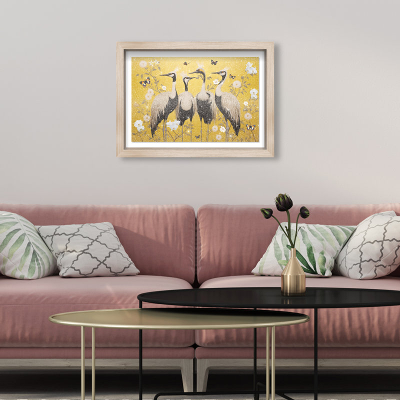 Yellow Crested Cranes Canvas Animals Print by Oliver Gal, 25.5"H x 37.5"W, Natural Oak Frame