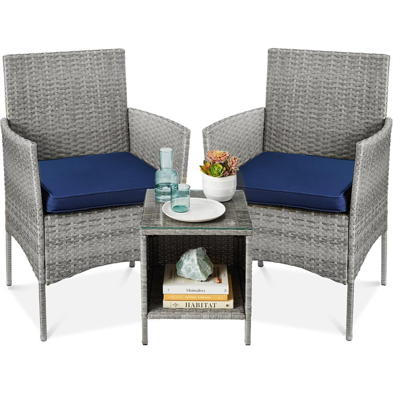 Ensemble bistro 3 pièces pour conversation avec osier pour l'extérieur avec table d'appoint - Gris / Bleu marine