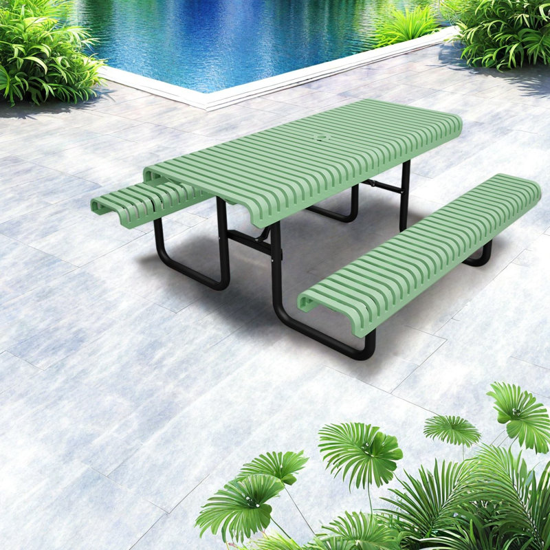 Tables de patio commerciales vertes, table de pique-nique en métal de 72 pouces, salle à manger extérieure moderne