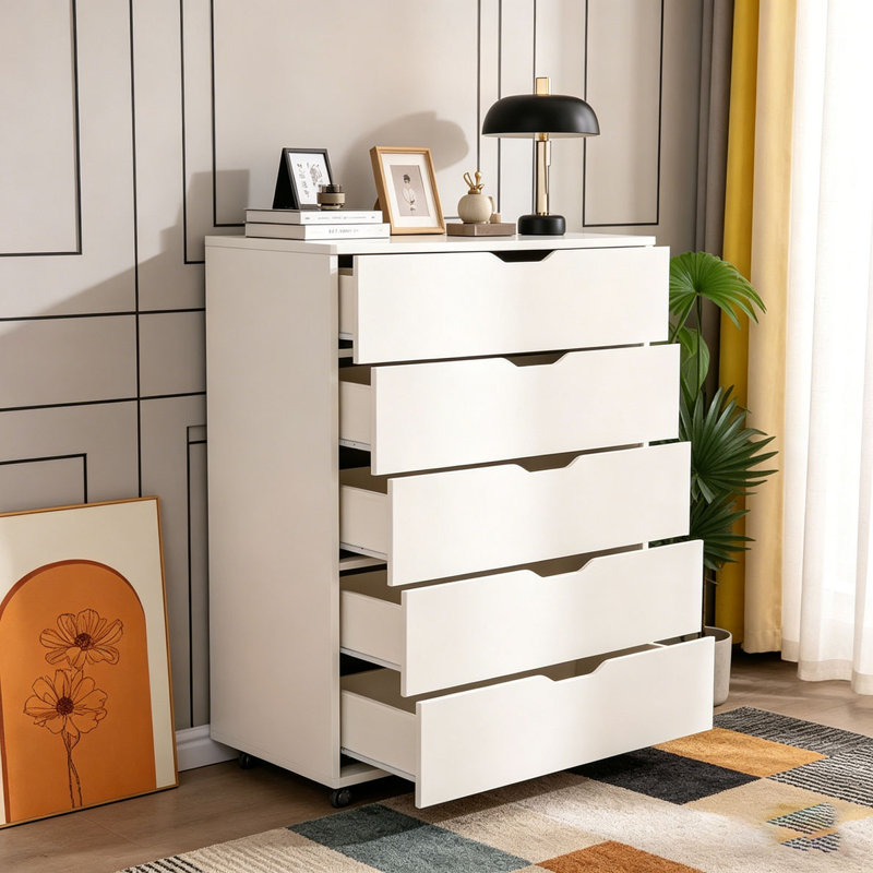Commode mobile à 5 tiroirs avec roulettes, Blanc