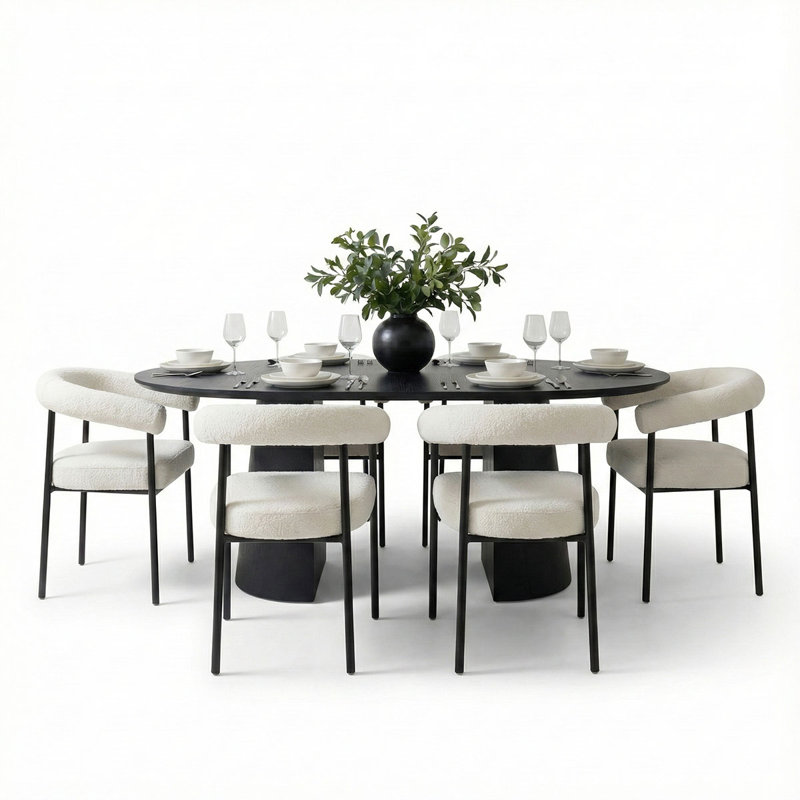 46"–83" Modern Extendable Dining Set With Convertible Round-To-Oval Table & Upholstered Bouclé Arm Chairs