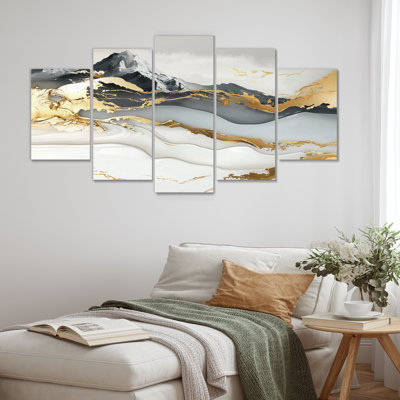 Golden Mountain Aurora Over The Marble - Abstract Landscape Wall Art - Modern Wall Art Set 5 Piece