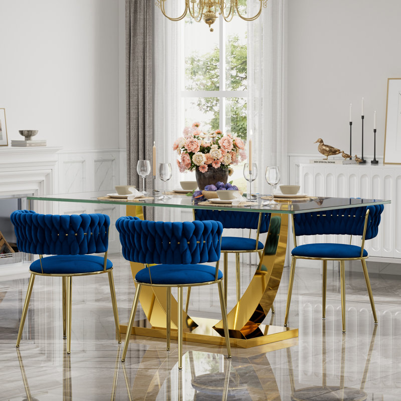 Ensemble de salle à manger à piédestal rectangulaire avec chaise de salle à manger en velours Modern Weaven, Table, 4 chaises