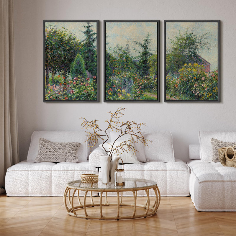 " Garden Bloom Lush Floral Landscape Vibrant Flower Illustration Modern Decor Relax Calm Chic " 3 - Pieces, Noir