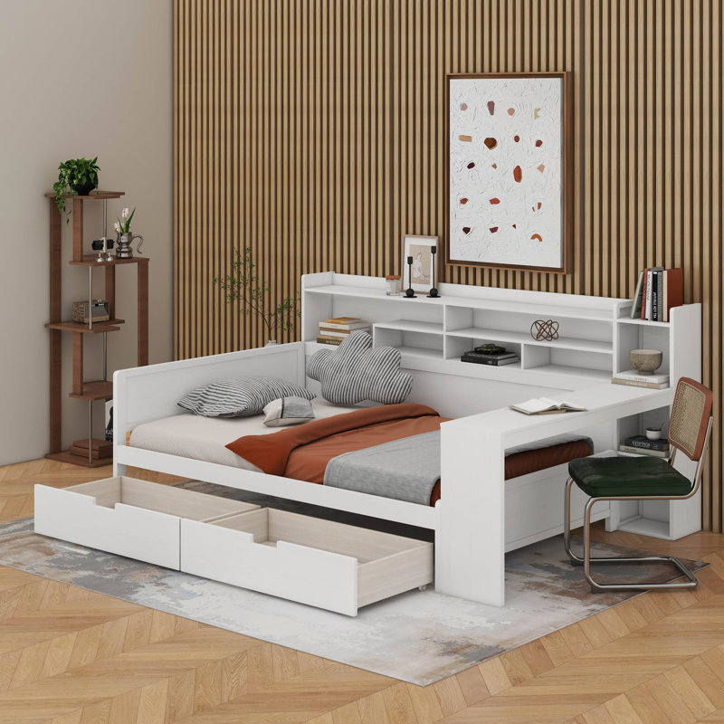 Wooden Full Size Daybed With Storage Shelves, Multi-Functional Bed With 2 Storage Drawers And Study Desk, Antique White