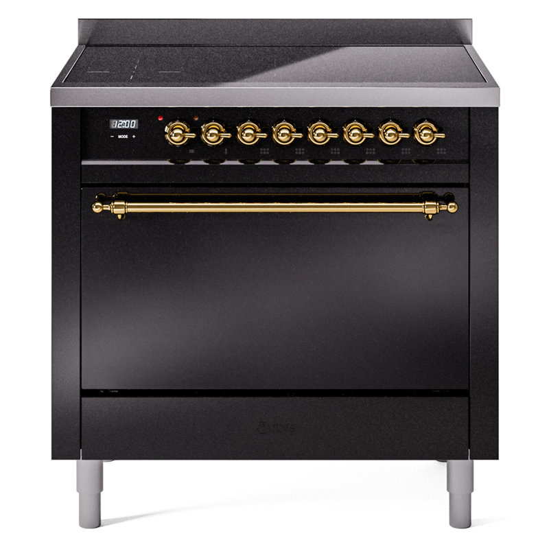 ILVE Nostalgie II Series 36 inch Induction Range with 6 Induction Elements (Glass Door), Glossy Black/Brass
