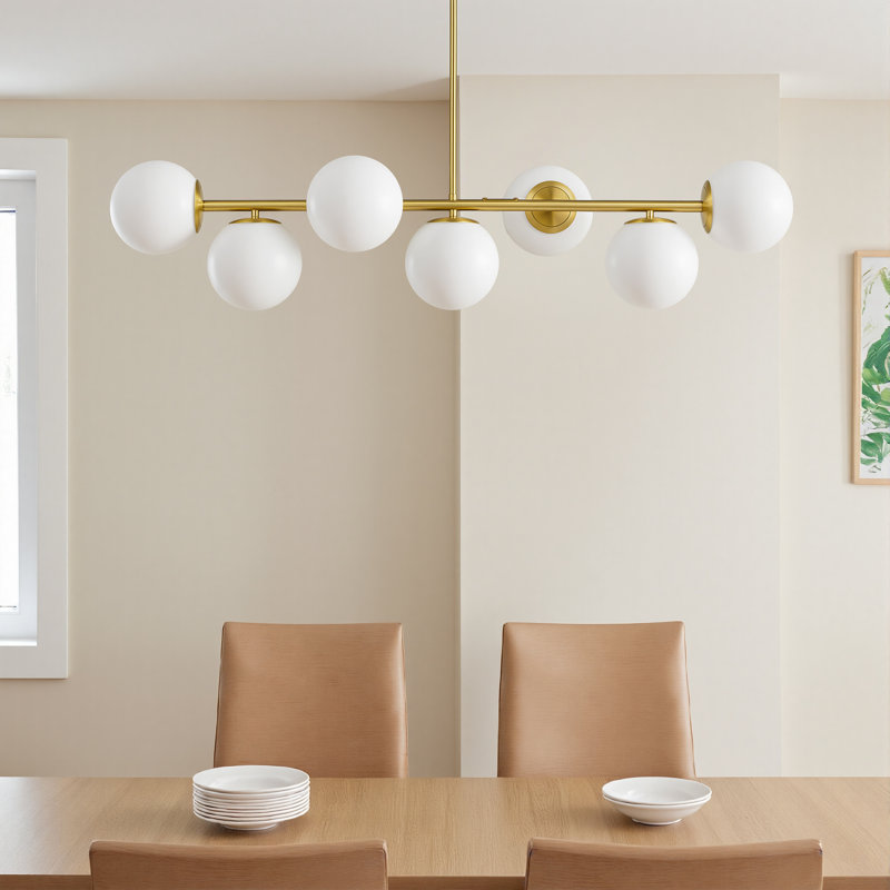 7-Light Glass Globe Modern Gold Linear Chandelier for Dining Room, Gold