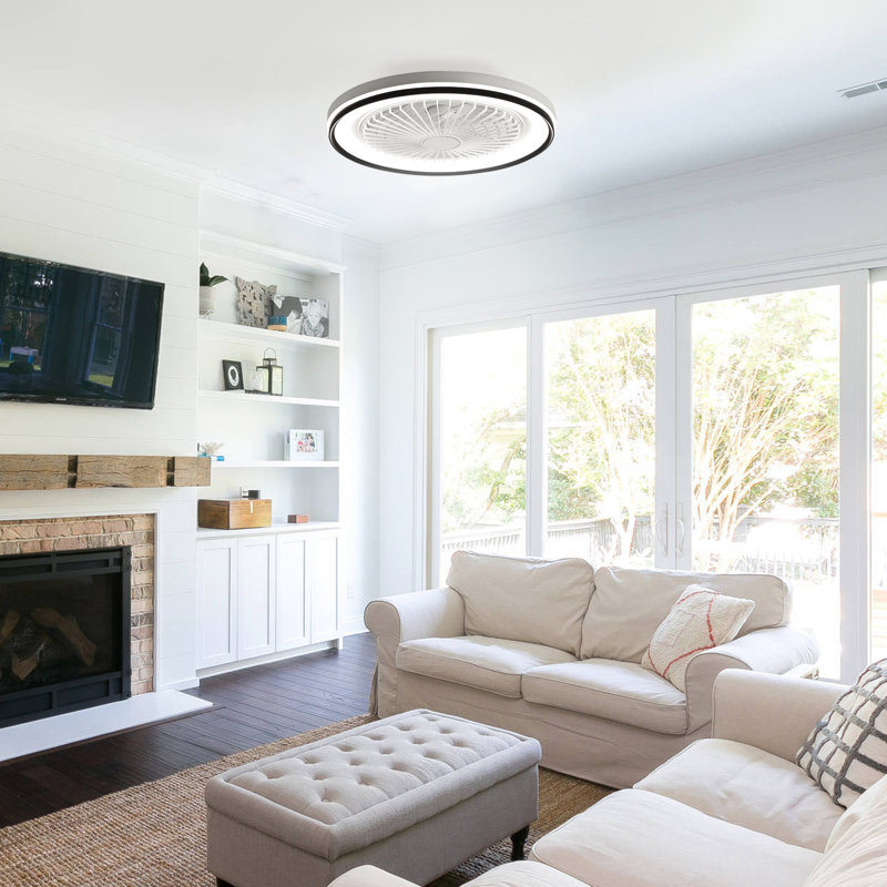 19" 7-ABS-Blade White Flush Mount Ceiling Fan Light With RGB Light, Remote Control, APP, Modern Small for Bedroom