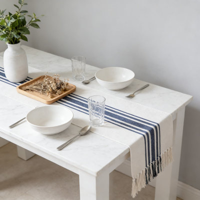 Handcrafted Table Runner With Tassels For Modern Farmhouse Decor, Striped Dining Table And Coffee Table Cover