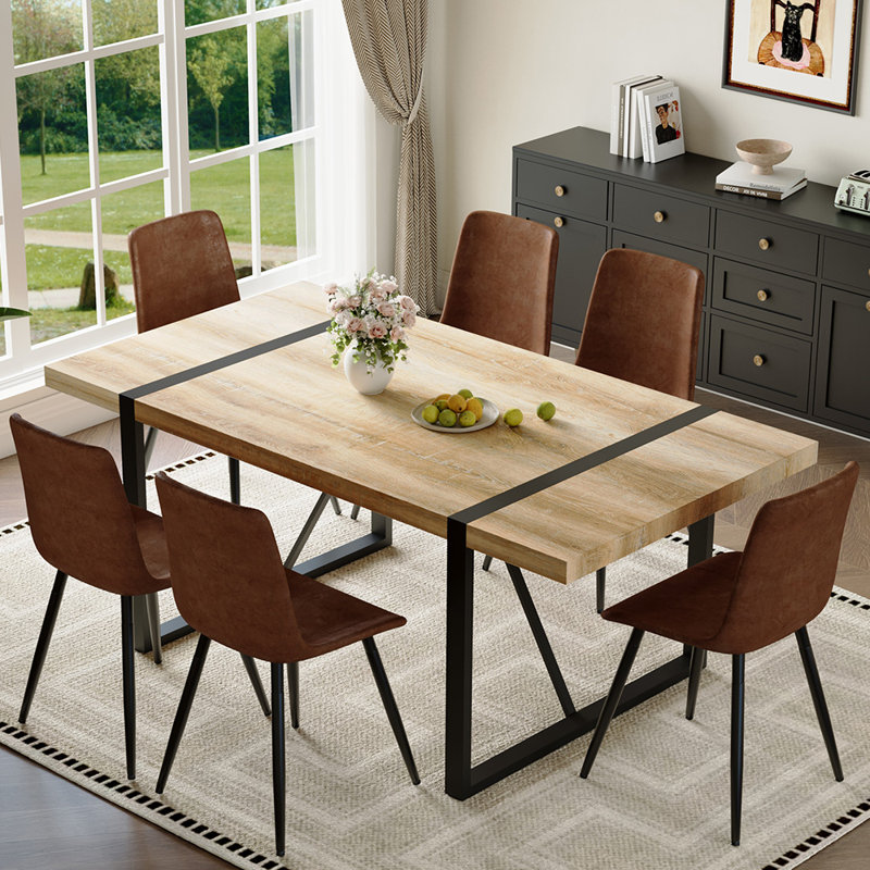 71" Modern Rectangular Dining Table Set, 7, Black/Brown